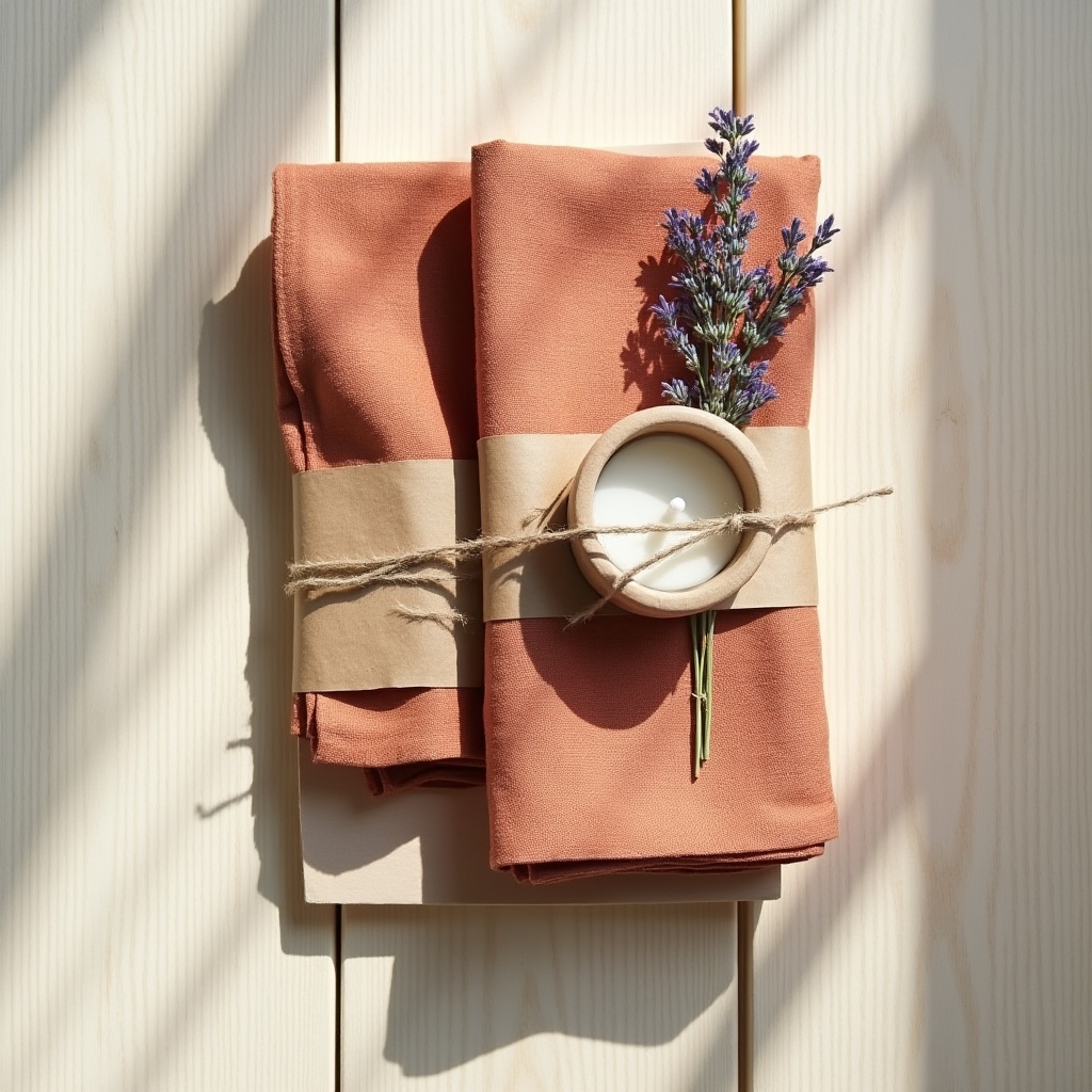 Geschenkset aus Leinenserviette und Kerzenhalter, verpackt mit Naturkordel